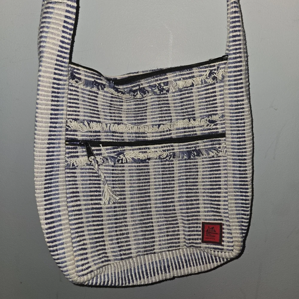 International Nepal Artisan Woven Crossbody Bag Blue White Striped Boho Ethical
